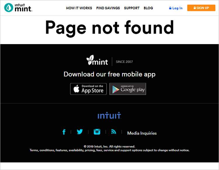 404 страница сайта компании Intuit, Inc