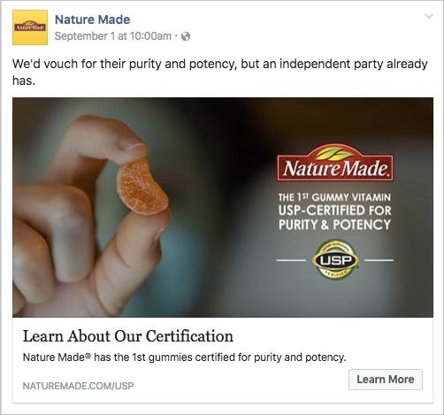 В рекламе жевательных витаминов внимание клиентов смещено на то, что продукция сертифицирована