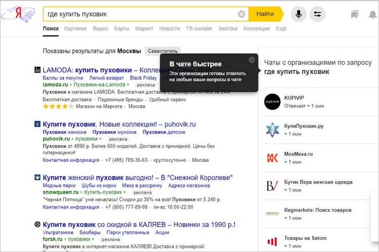Поисковая выдача Яндекса с быстрым подключением к чатам интернет магазинов